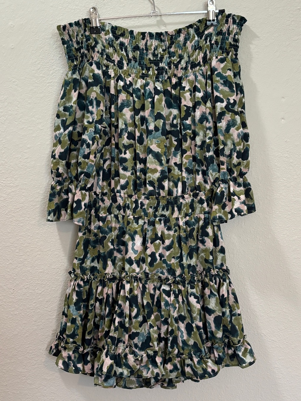 The Impeccable Pig Smocked Off the Shoulder Tiered Camo Mini Dress Size Small